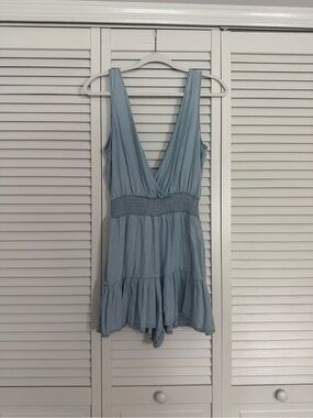 Love Tree Light Blue Sleeveless V-Neck Tencel Romper Ruffle Hem Smocked Waist S
